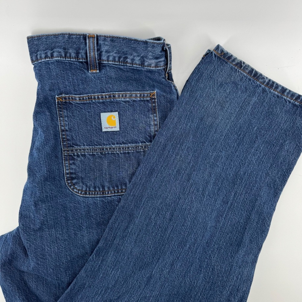 Carhartt Double Front Logger Jeans Mens 38x32 Workwear Loose Fit Dark Wash Blue